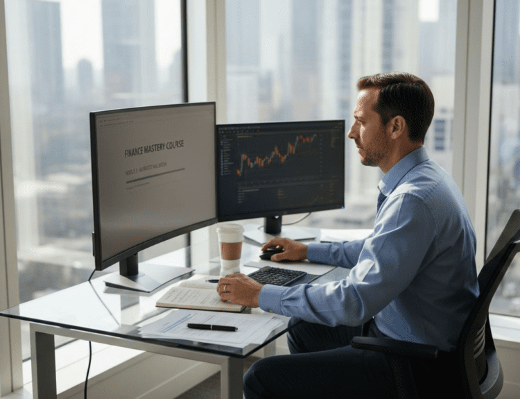 Finance professional learning at glass desk with monitors