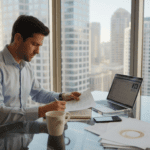 Finance analyst working in city corner office - Finblog Finance analyst working in city corner office