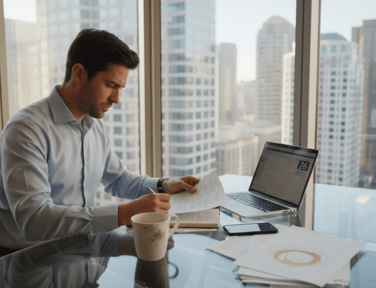 Finance analyst working in city corner office