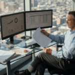Financial analyst reviews assets in office