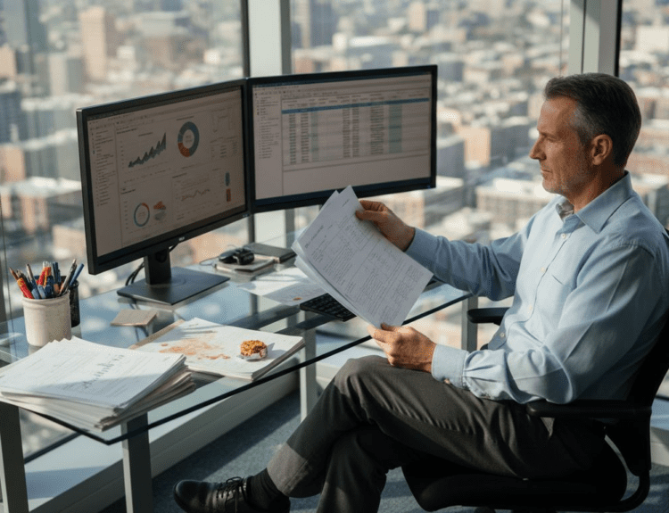 Financial analyst reviews assets in office