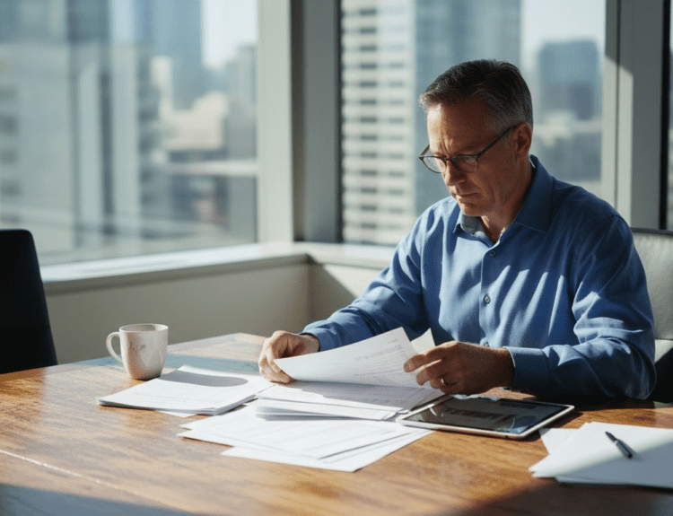 Investor reviewing stock statements in office