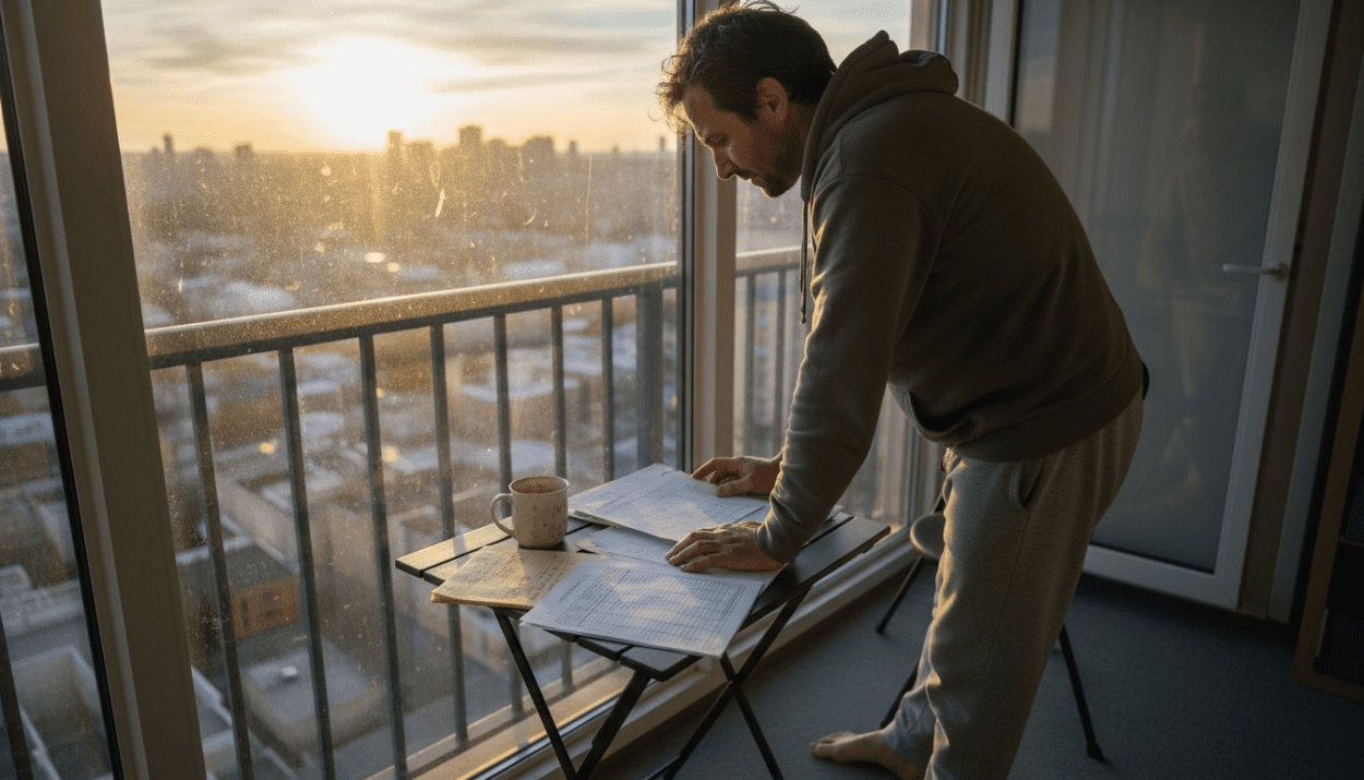 Man reviewing financial plans on balcony
