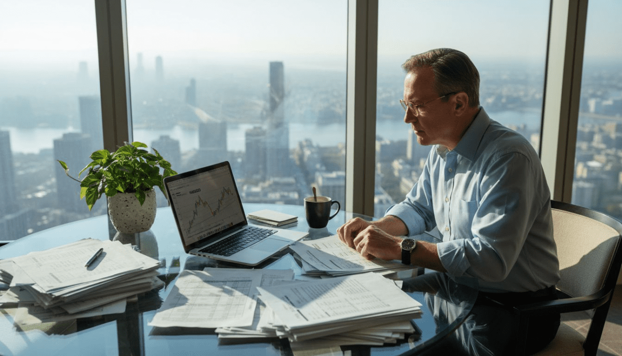 Investor reviews documents at sunny dining table