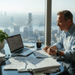 Investor reviews documents at sunny dining table