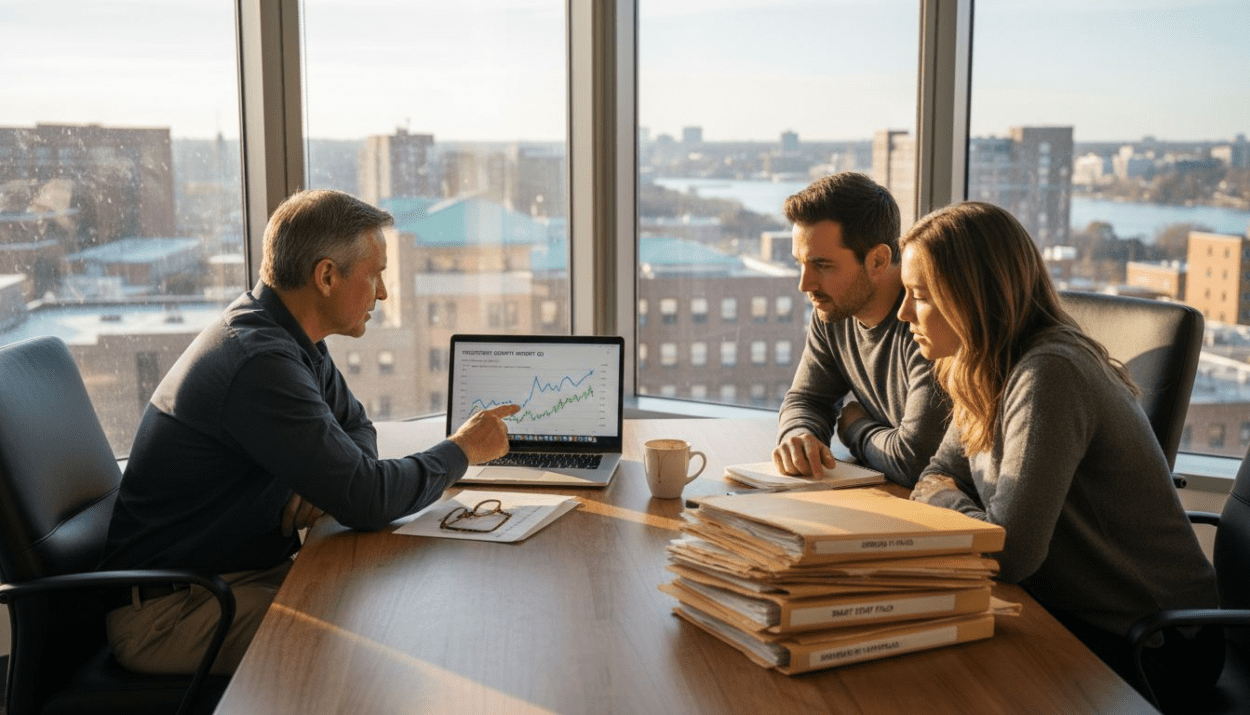 Advisor meeting clients in city office