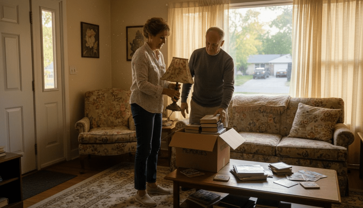 Retired couple packing boxes in living room