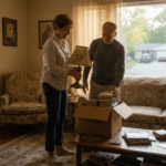 Retired couple packing boxes in living room