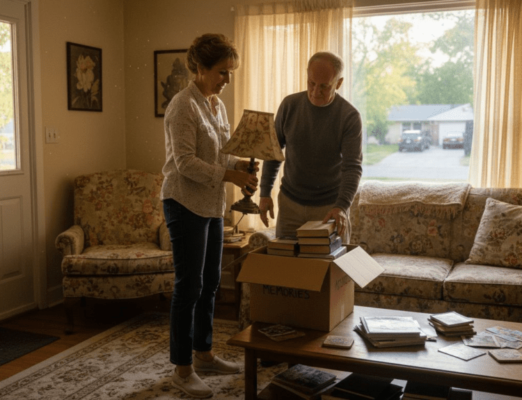 Retired couple packing boxes in living room