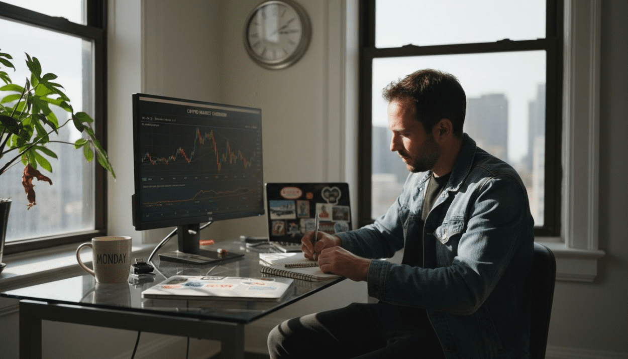 Investor reviews cryptocurrency in sunny office