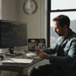 Investor reviews cryptocurrency in sunny office