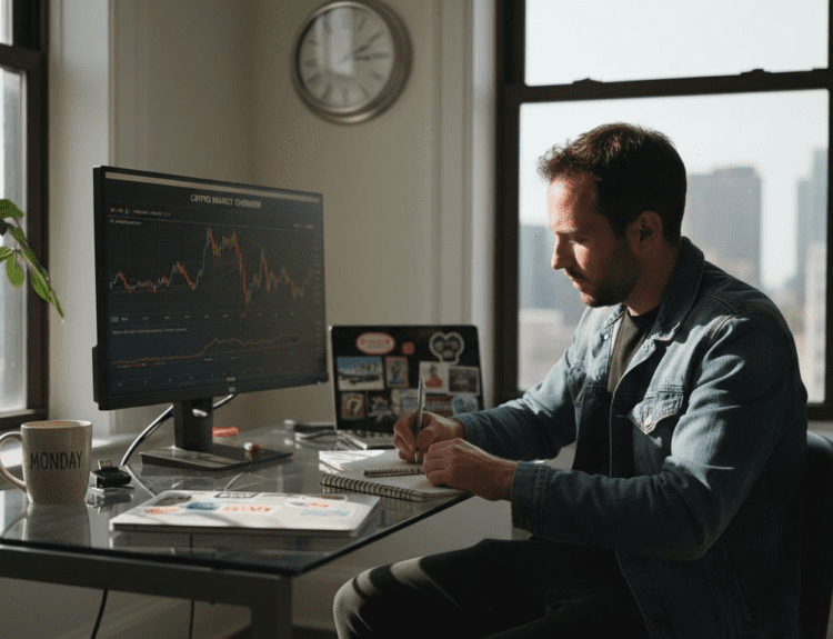 Investor reviews cryptocurrency in sunny office