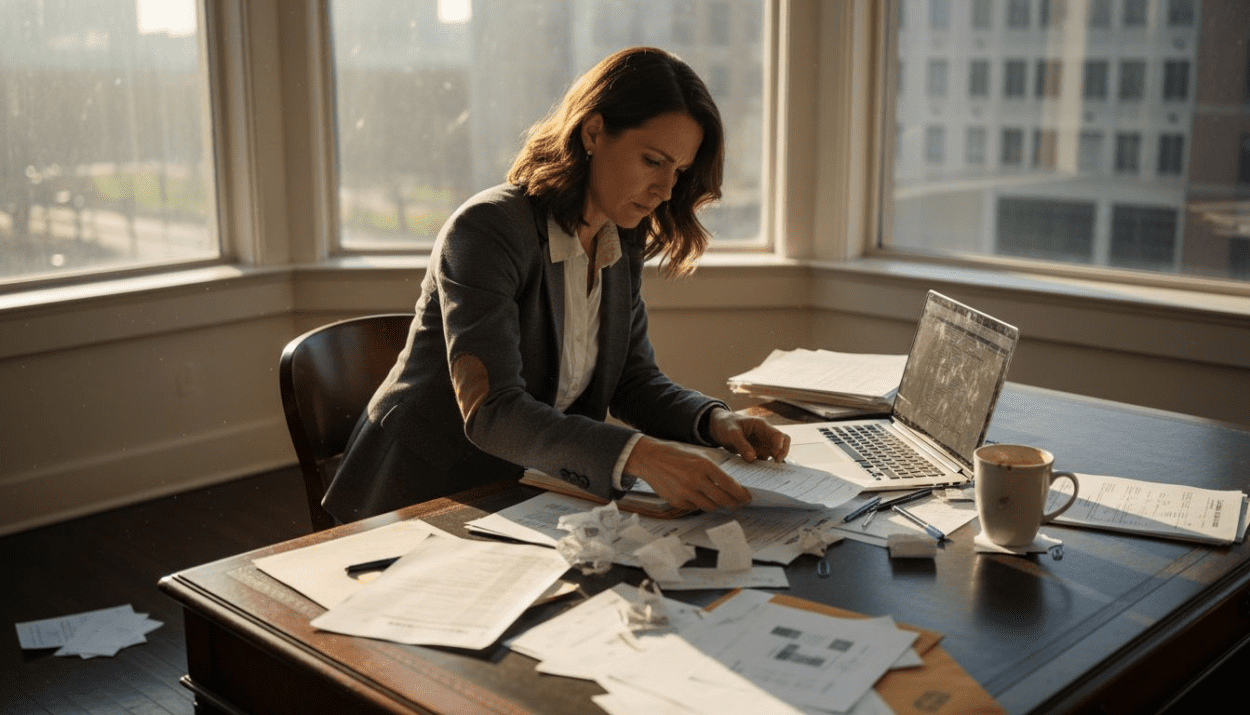 Attorney organizing tax papers at desk