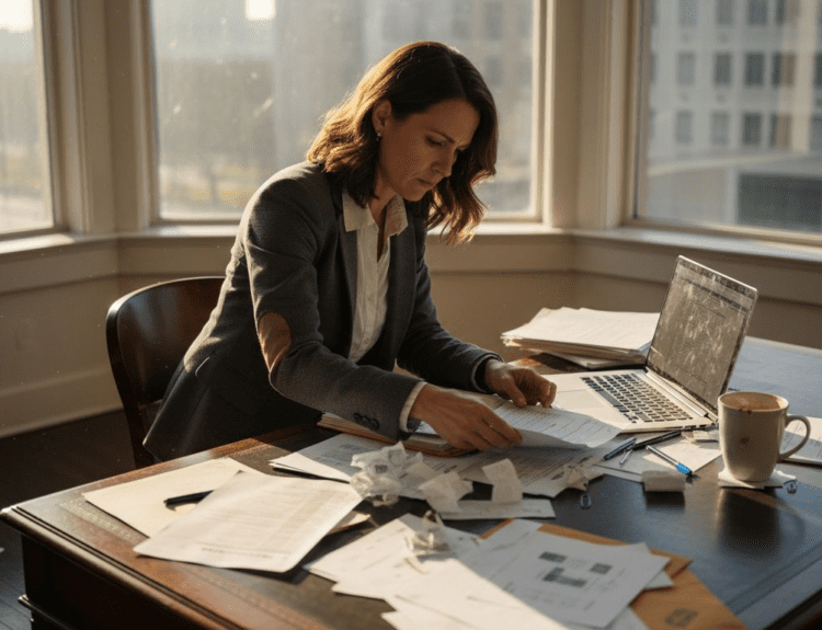 Attorney organizing tax papers at desk