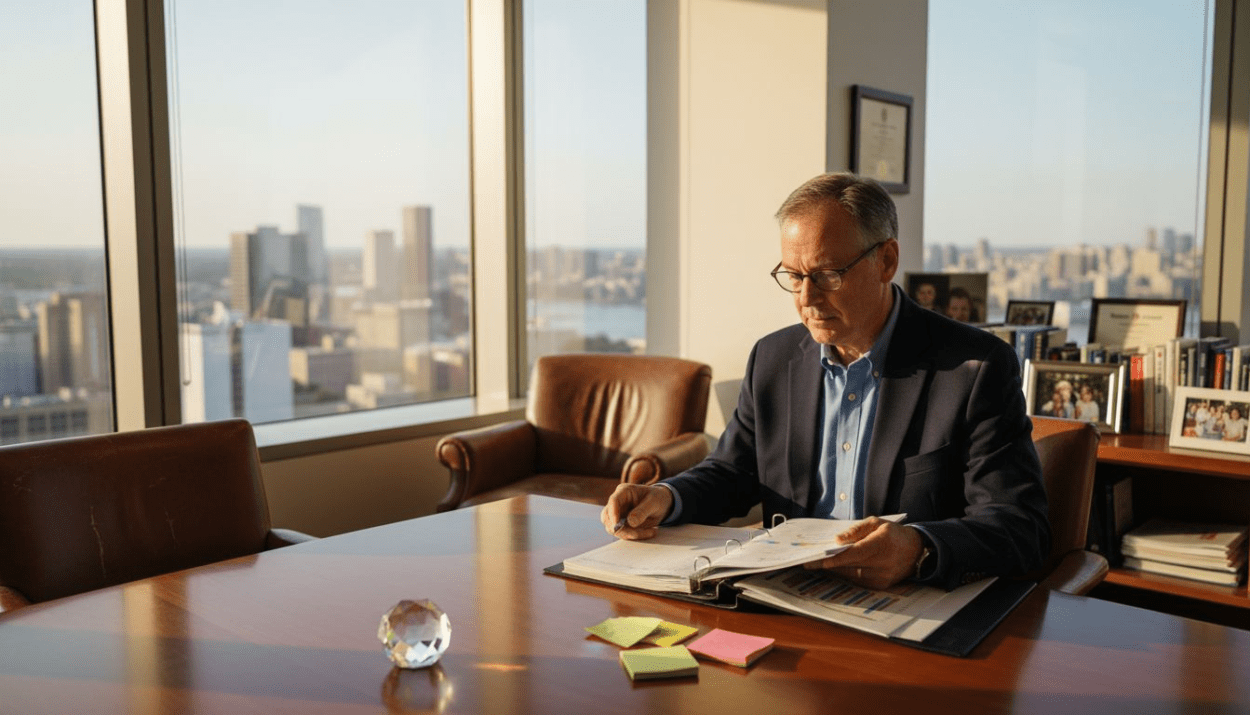 Financial advisor reviewing documents in sunlit office