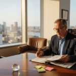 Financial advisor reviewing documents in sunlit office