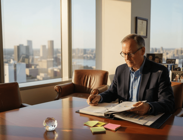 Financial advisor reviewing documents in sunlit office