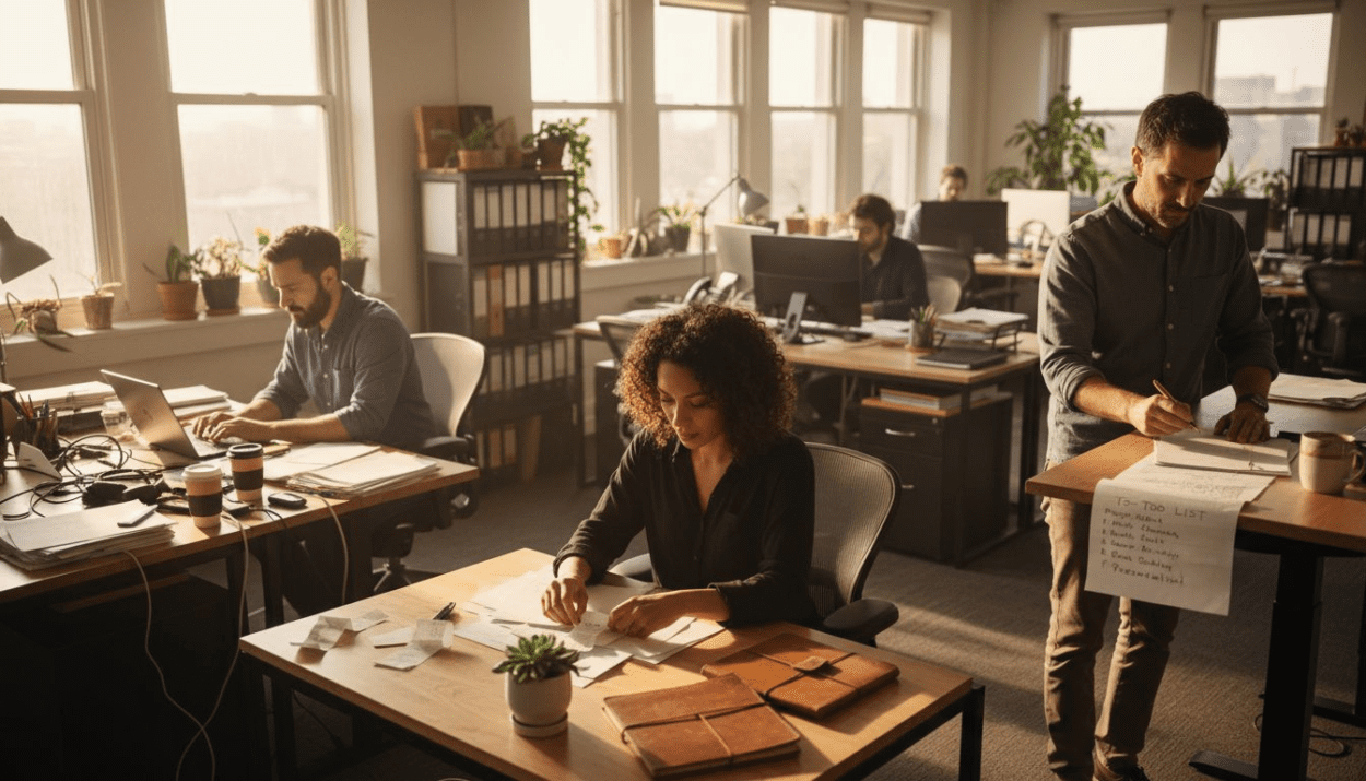 Adults practicing key life skills in busy office