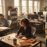 Adults practicing key life skills in busy office