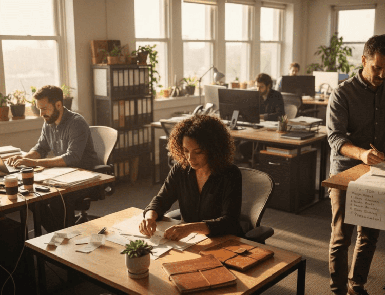 Adults practicing key life skills in busy office