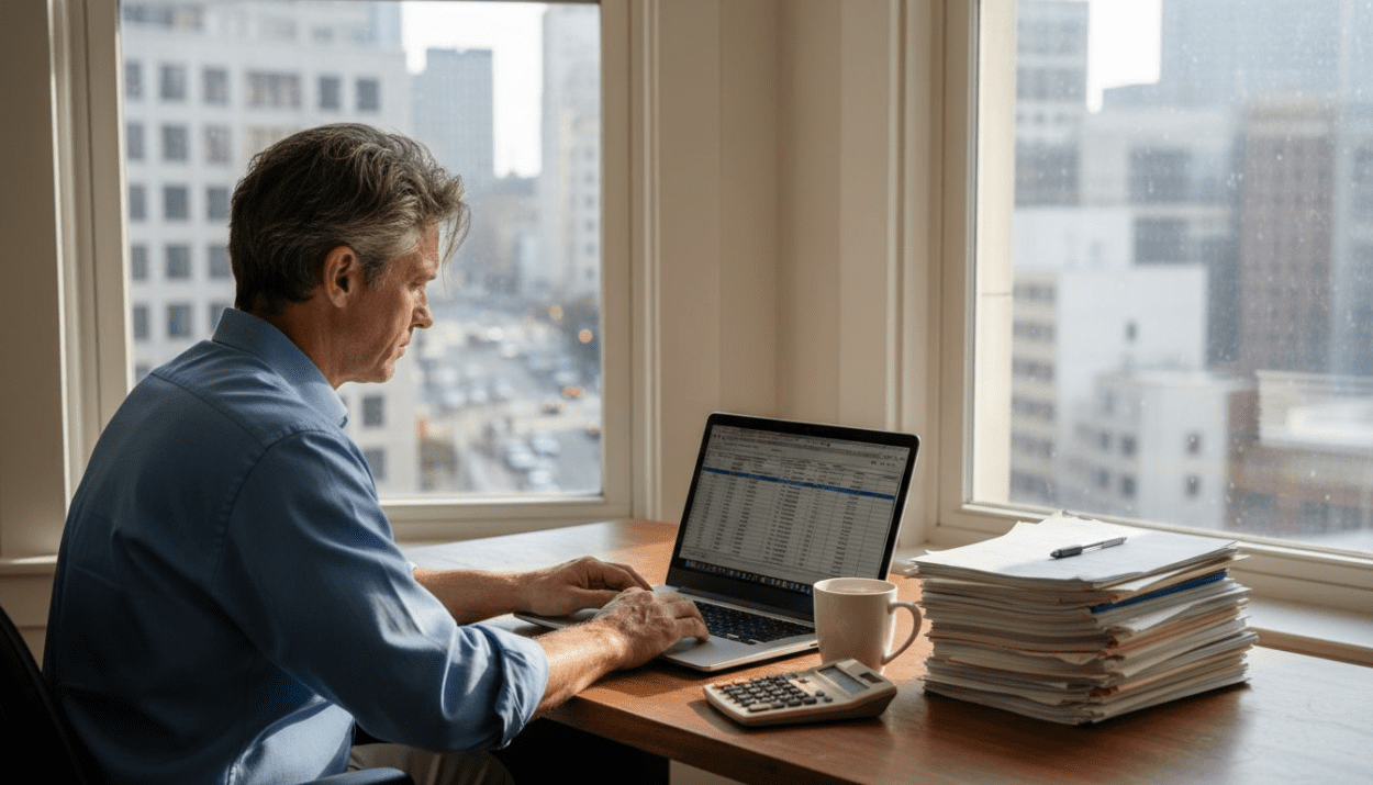 Investor reviewing portfolio metrics at desk