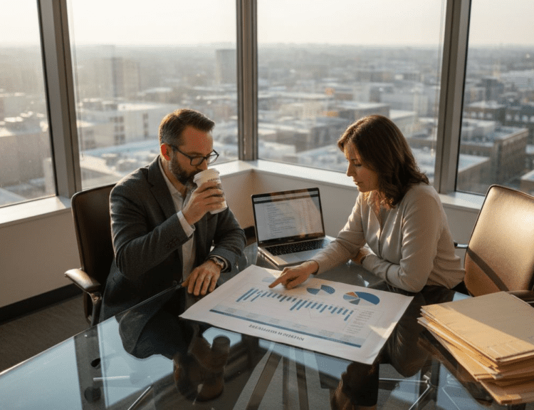 Investment managers reviewing inflation impact together