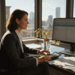 Advisor reviewing portfolio in sunlit office