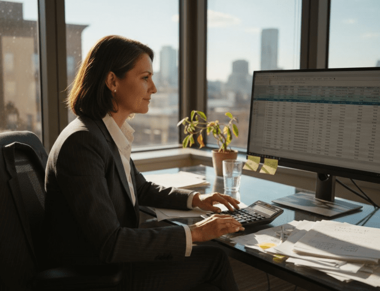 Advisor reviewing portfolio in sunlit office