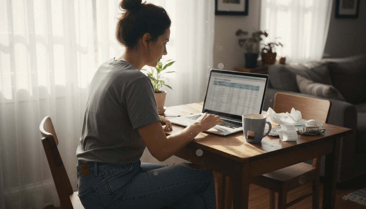 Woman budgeting in bright apartment workspace