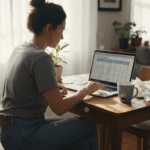 Woman budgeting in bright apartment workspace