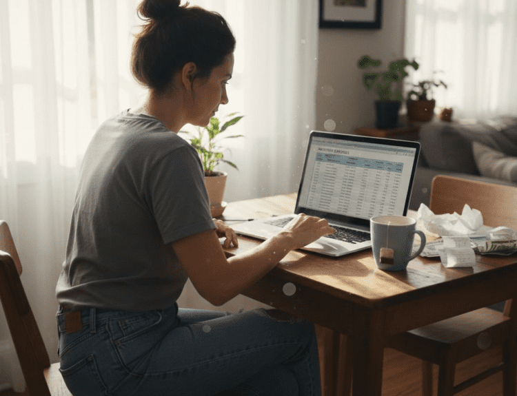 Woman budgeting in bright apartment workspace