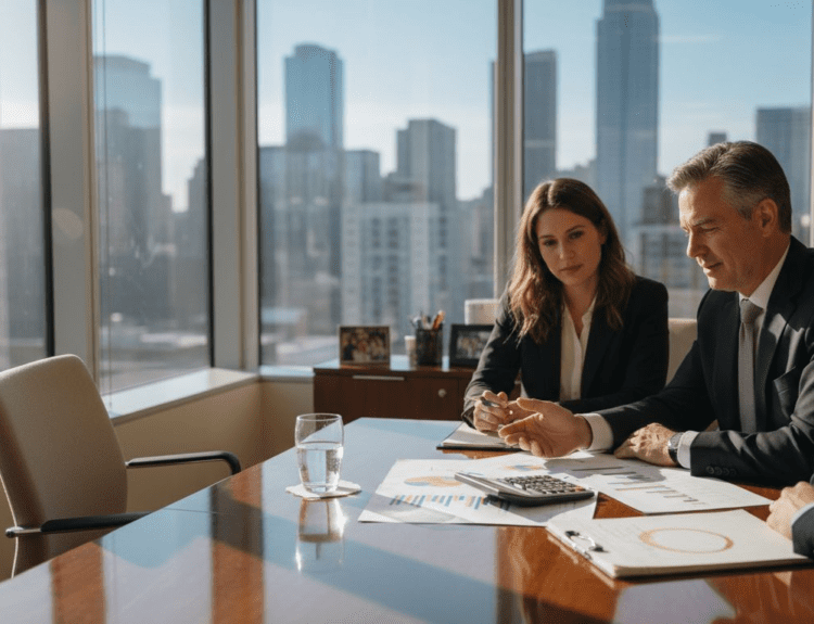 Financial advisor consulting couple in office