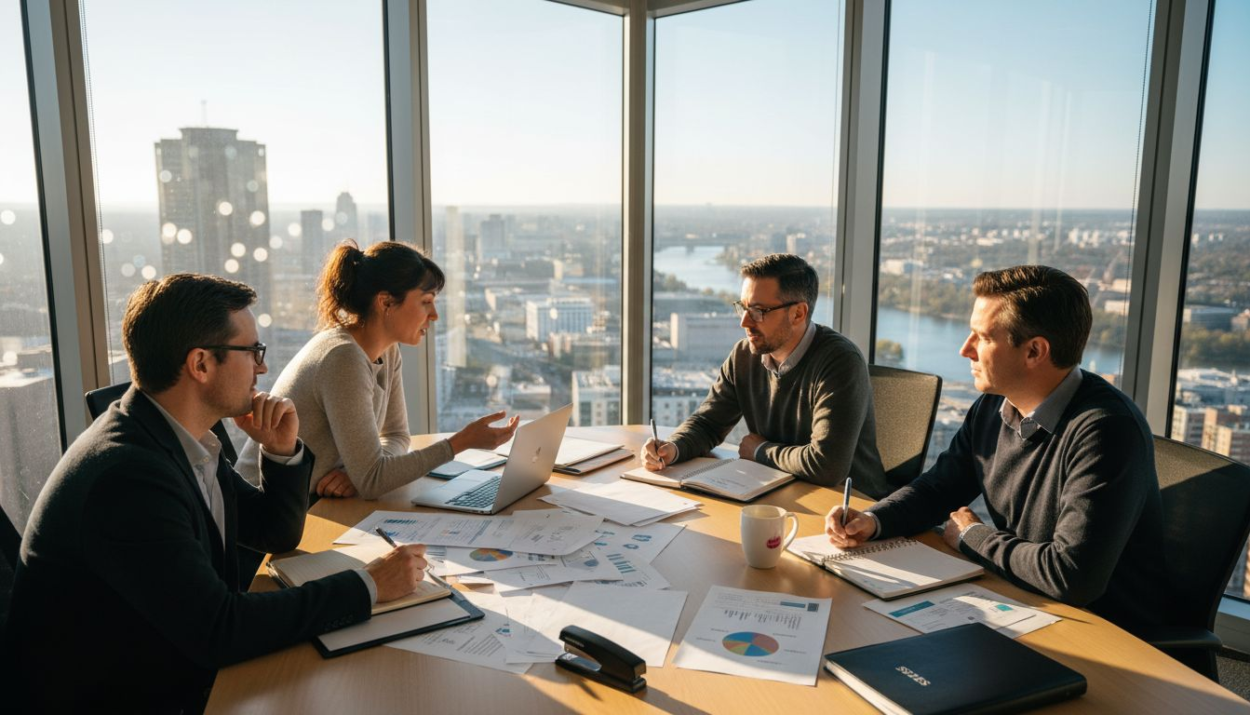 Investors meeting in sunlit office with charts