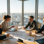 Investors meeting in sunlit office with charts