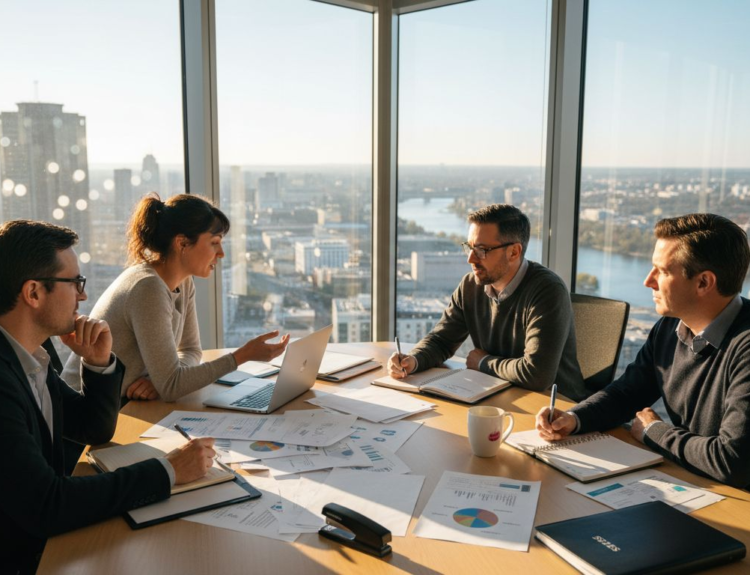 Investors meeting in sunlit office with charts
