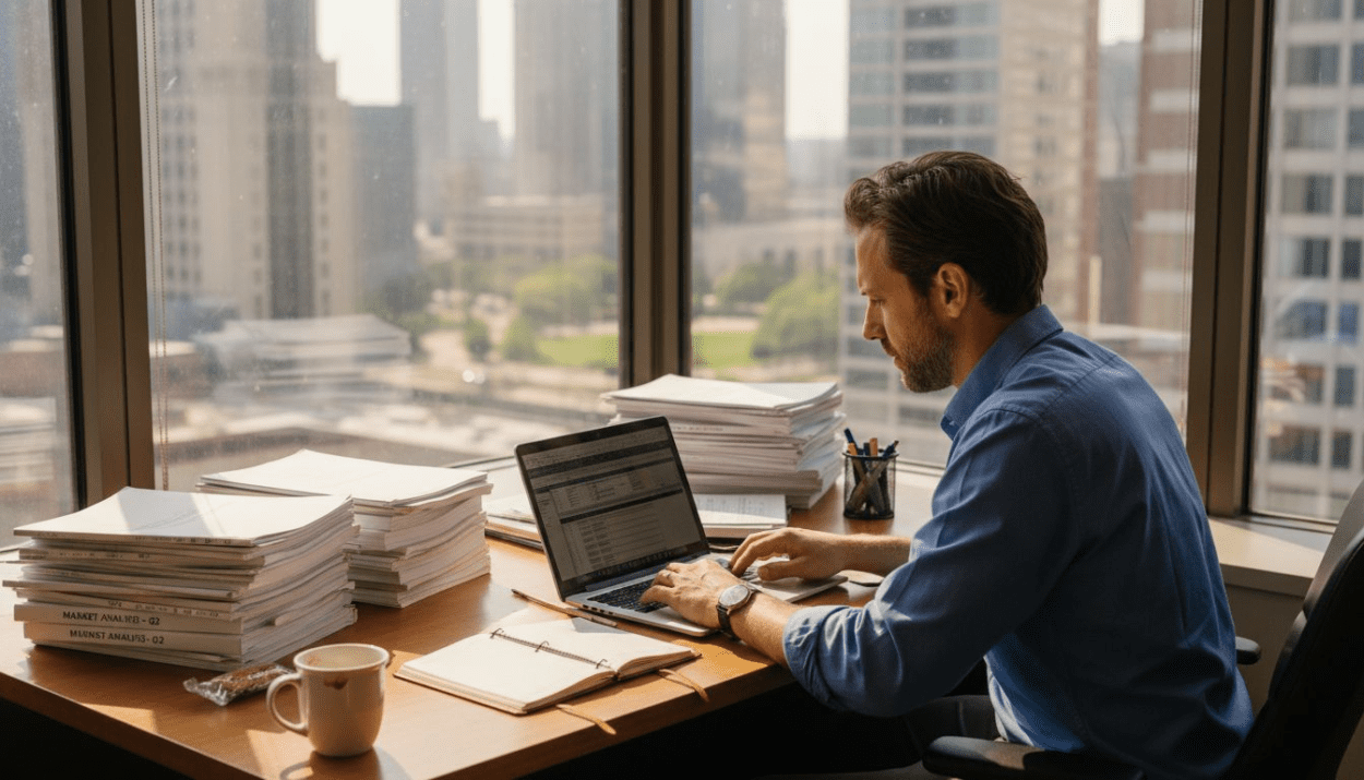 Financial advisor reviewing investment risk spreadsheet