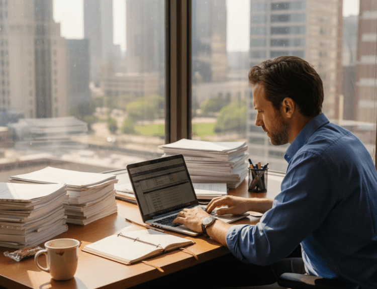Financial advisor reviewing investment risk spreadsheet
