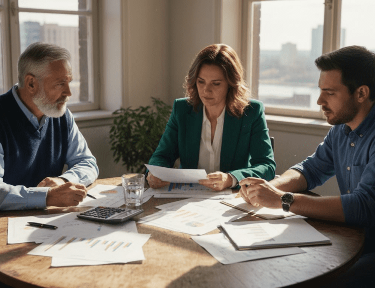 Three investors reviewing mutual fund documents