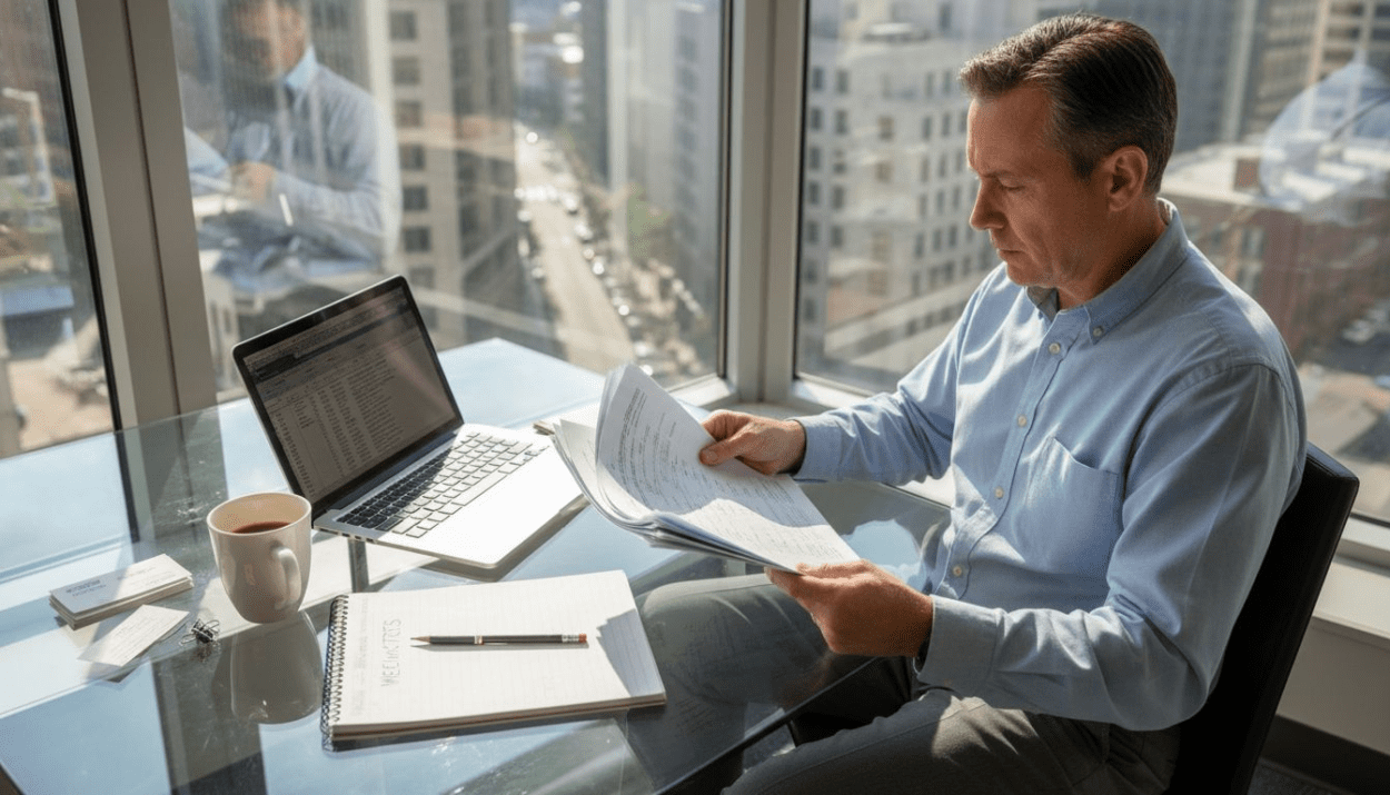 Investor comparing ETF and mutual fund documents