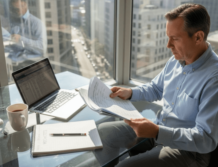 Investor comparing ETF and mutual fund documents