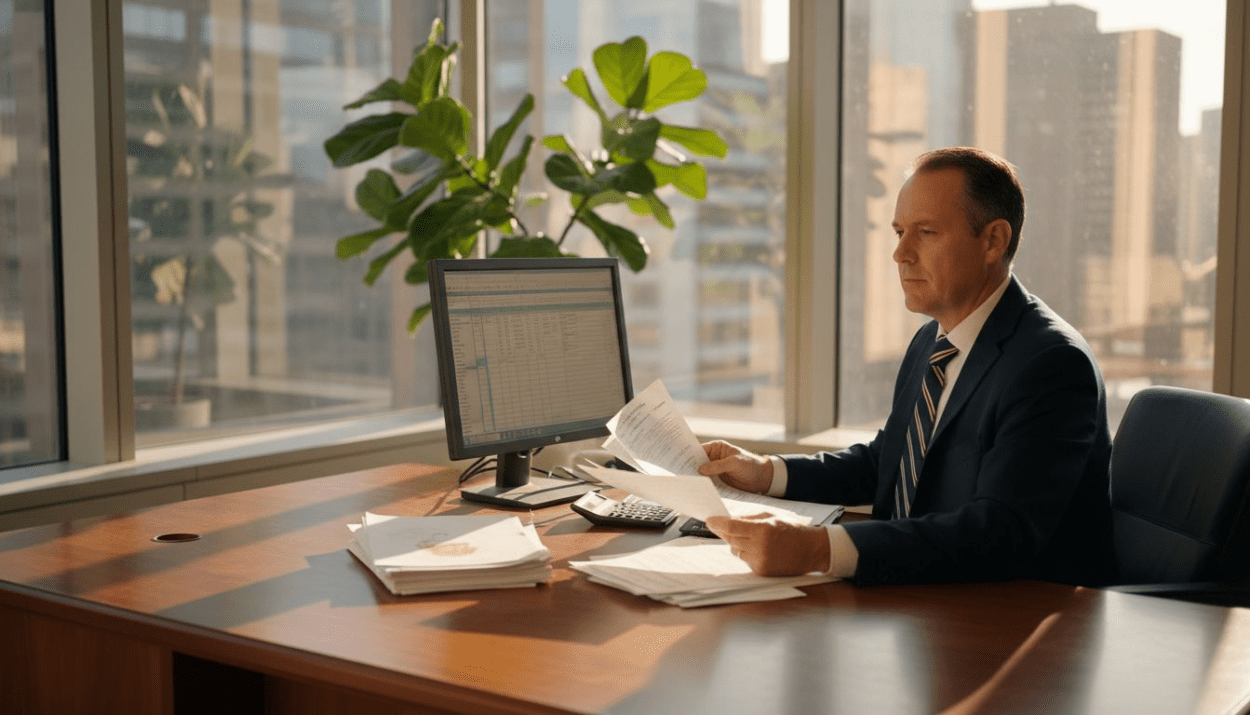 Bank manager reviewing documents at corner desk