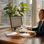 Bank manager reviewing documents at corner desk