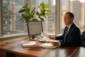 Bank manager reviewing documents at corner desk