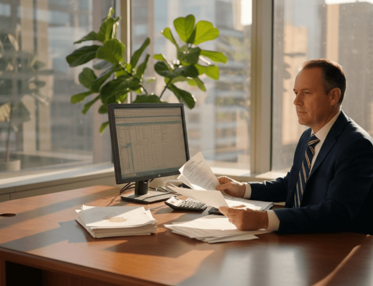 Bank manager reviewing documents at corner desk