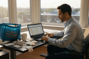 Man planning groceries at office desk