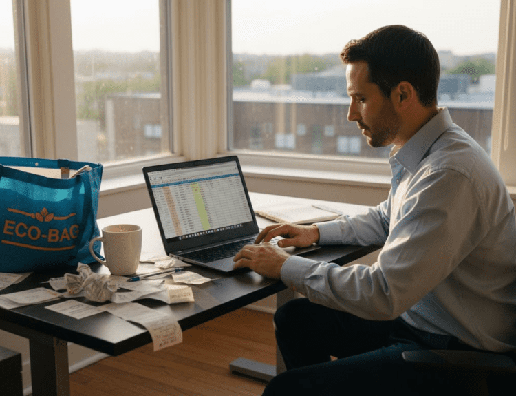 Man planning groceries at office desk