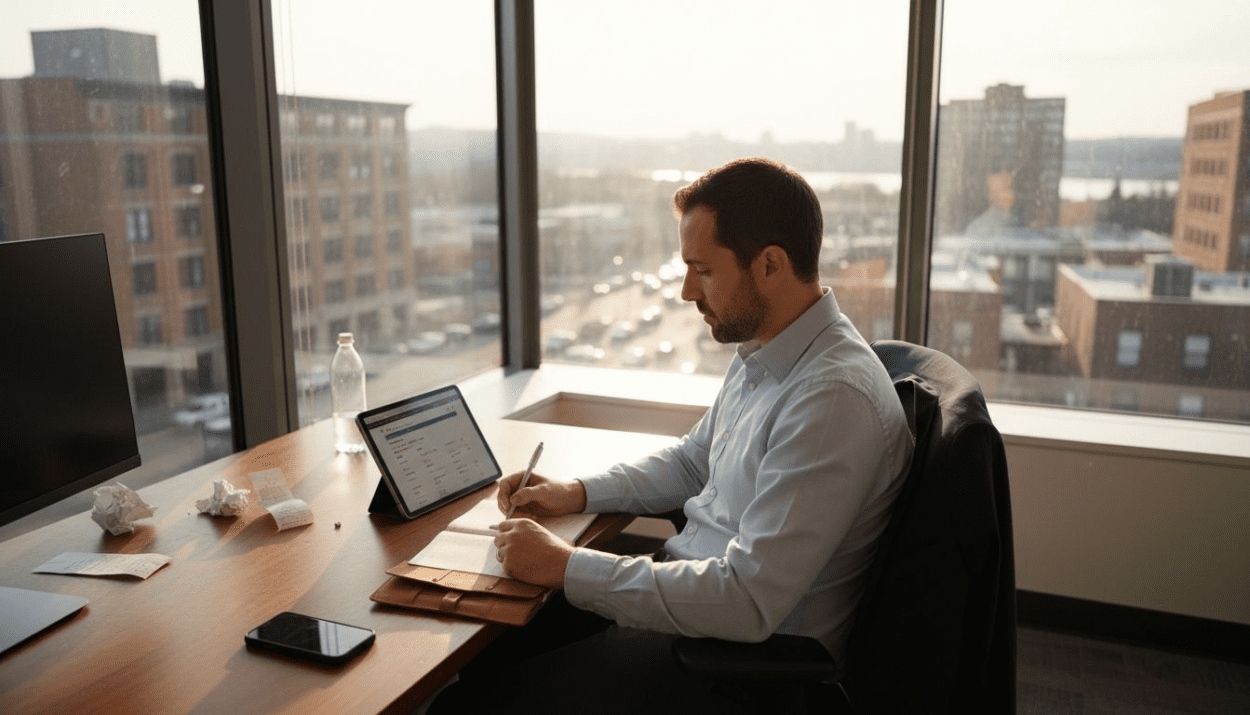 Man budgeting travel expenses in work office