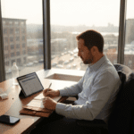 Man budgeting travel expenses in work office