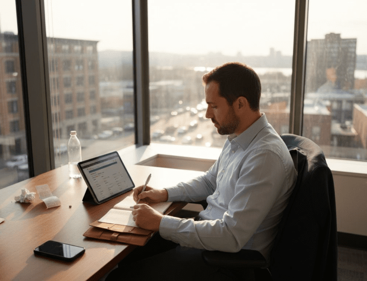 Man budgeting travel expenses in work office