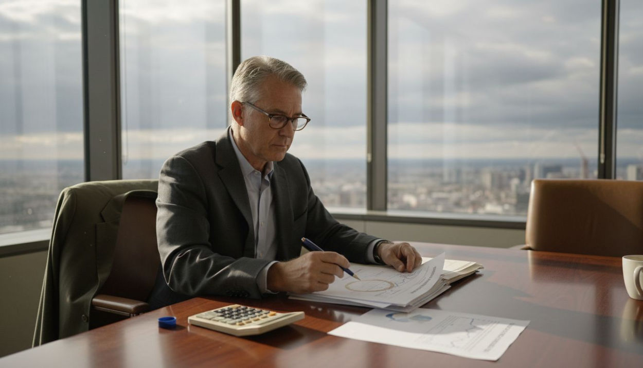 Investor checks charts in office with papers